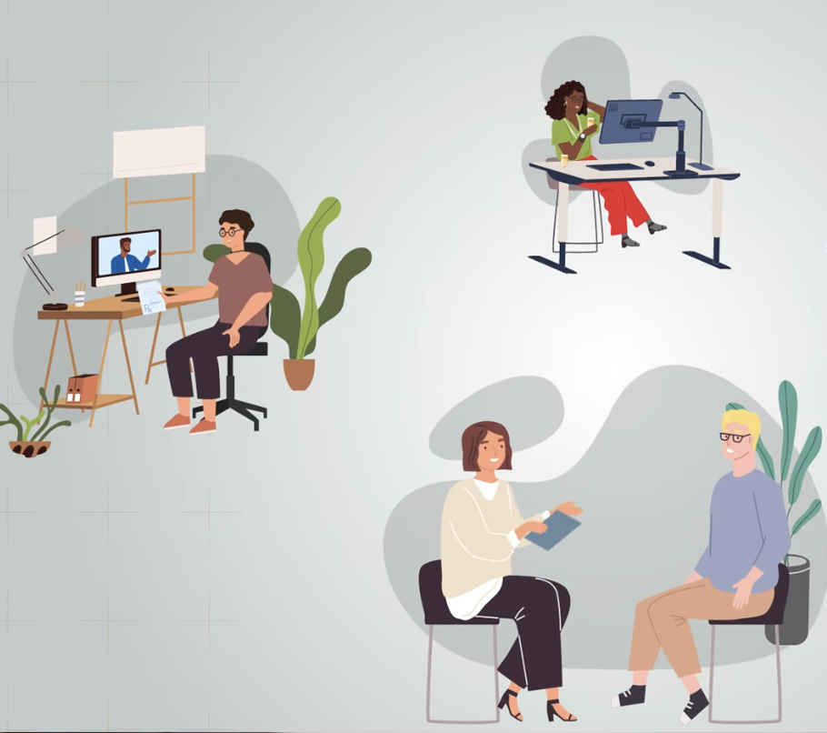 Illustration of people at their desks and meetings