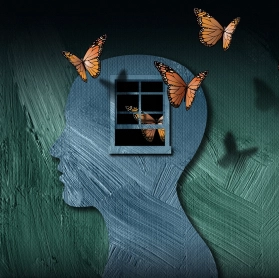 a window superimposed on a silhouette of a human head with butterflies fluttering out