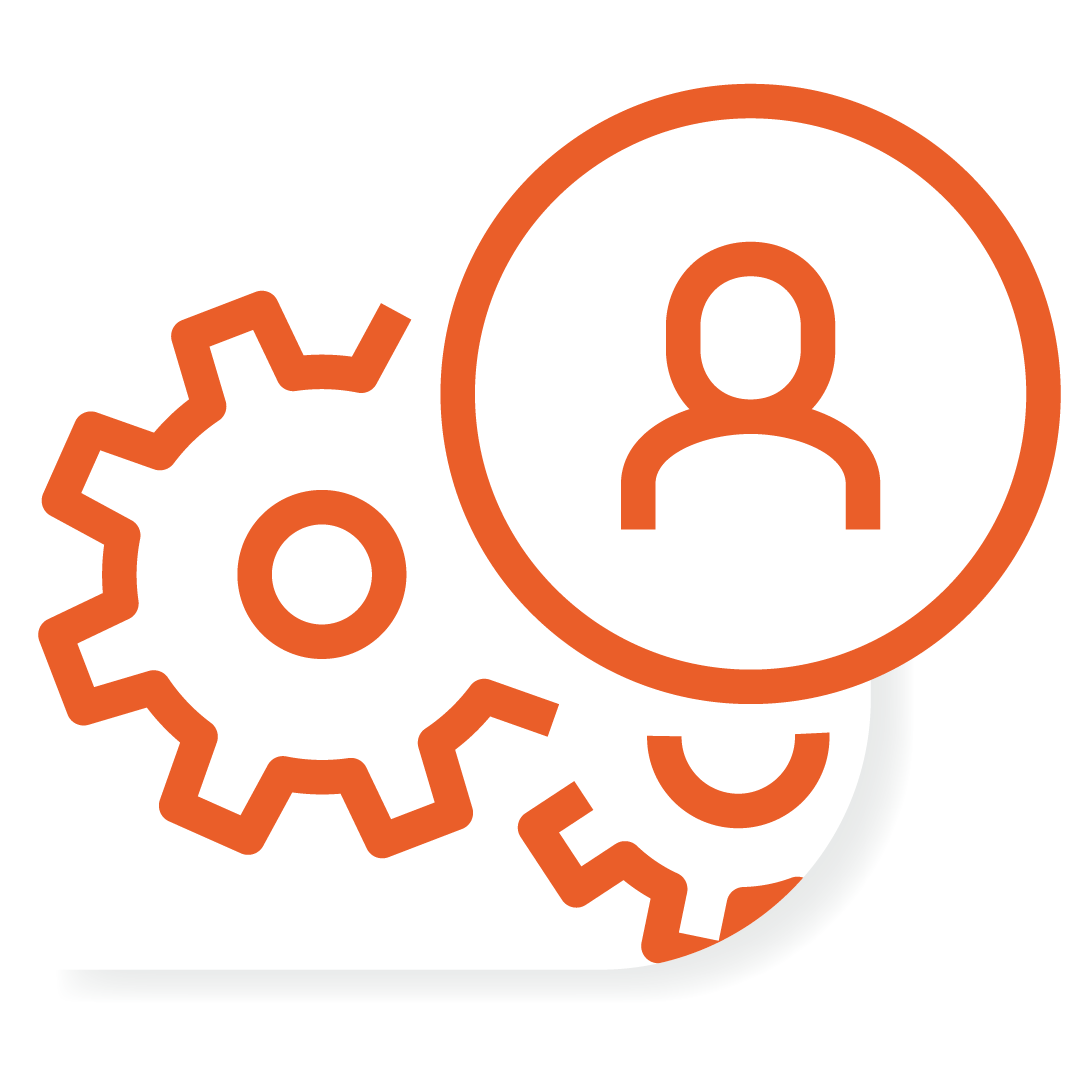 orange icon showing interlocking gears and a worker